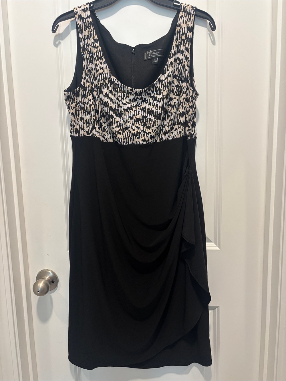 dressbarn Black Midi Dress with Patterned Ivory and Black Bodice